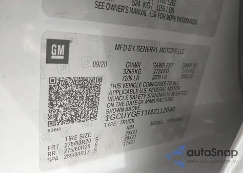 2021 Chevrolet Silverado 1500 4Wd Short Bed Ltz z USA, uszkodzony, nr VIN 1GCUYGET1MZ112040